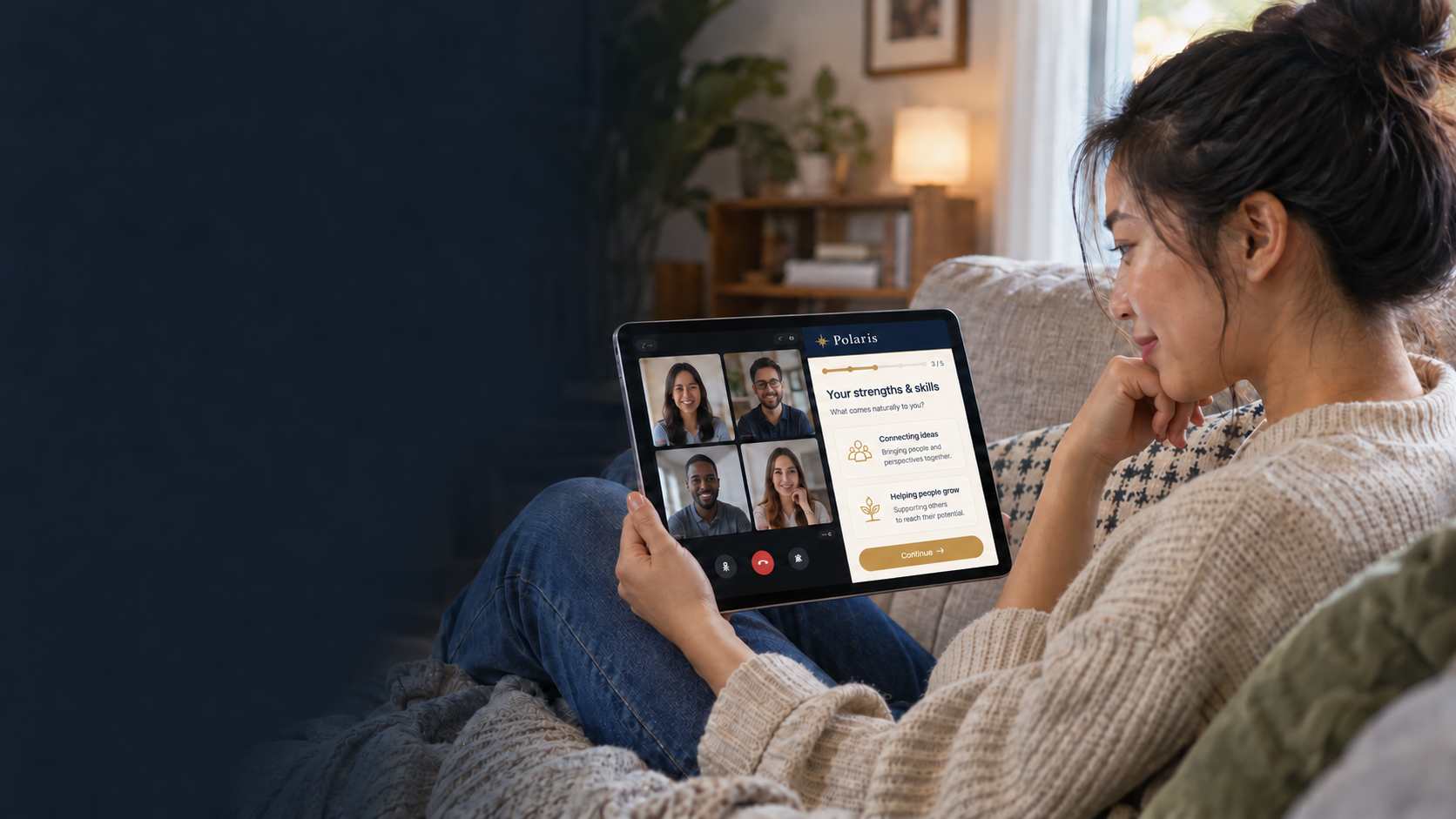 An Asian woman relaxing on a sofa with an iPad showing a group video call and a Polaris homework assessment