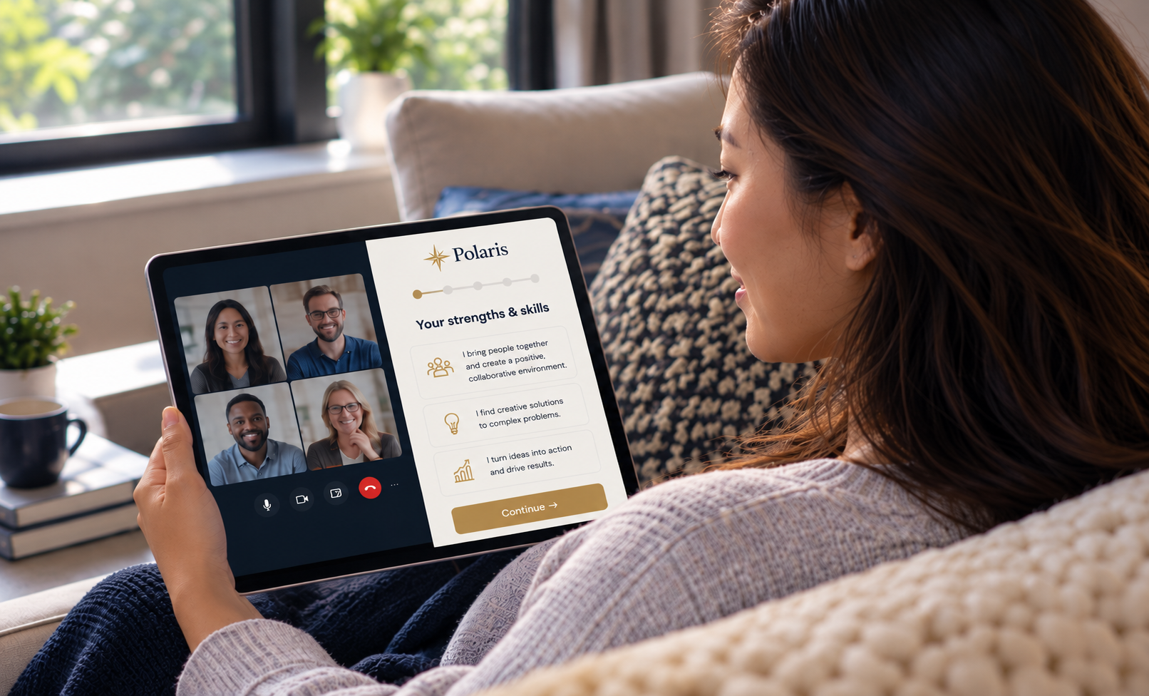An Asian woman relaxing on a sofa with an iPad showing a group video call and a Polaris homework assessment