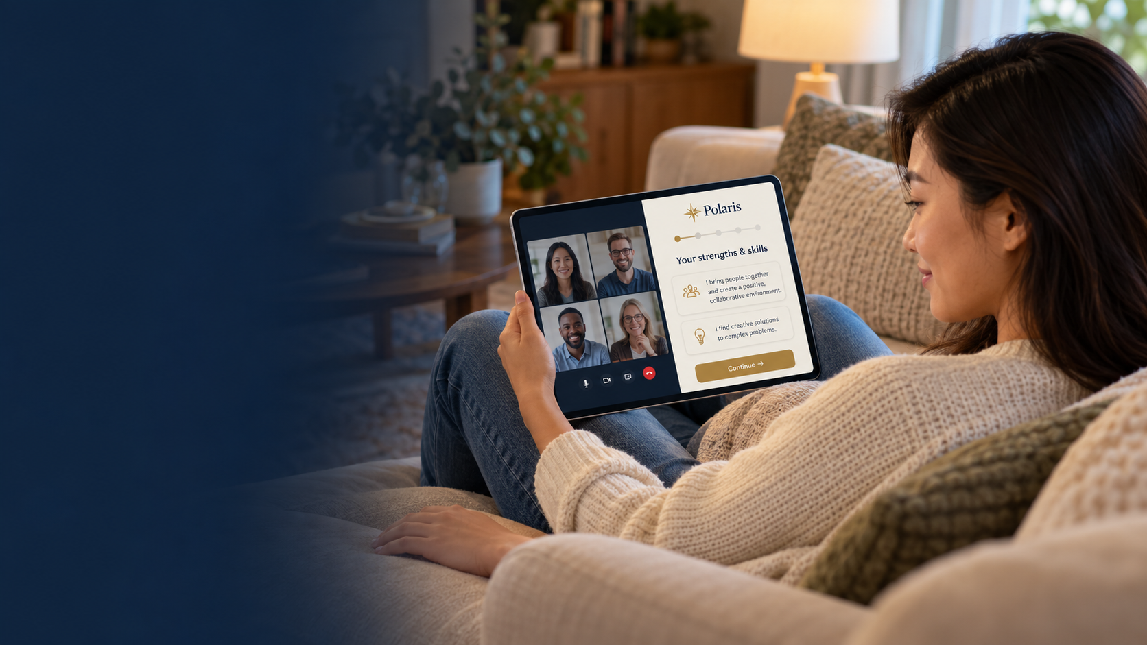 An Asian woman relaxing on a sofa with an iPad showing a group video call and a Polaris homework assessment